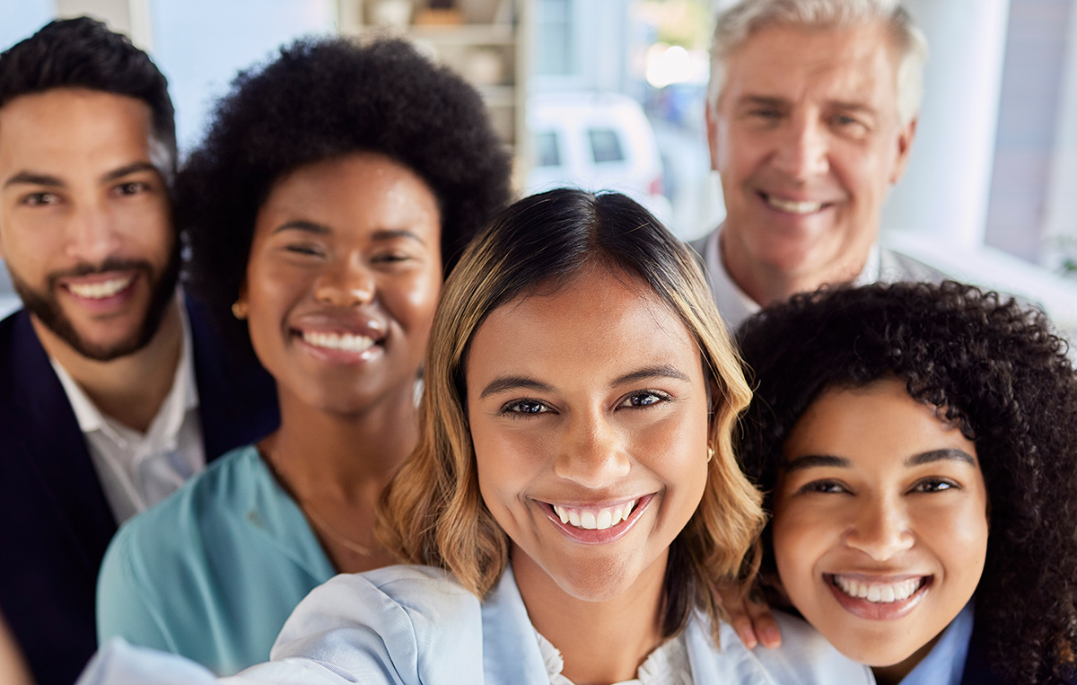 Happy, friends and selfie with business people in office for soc