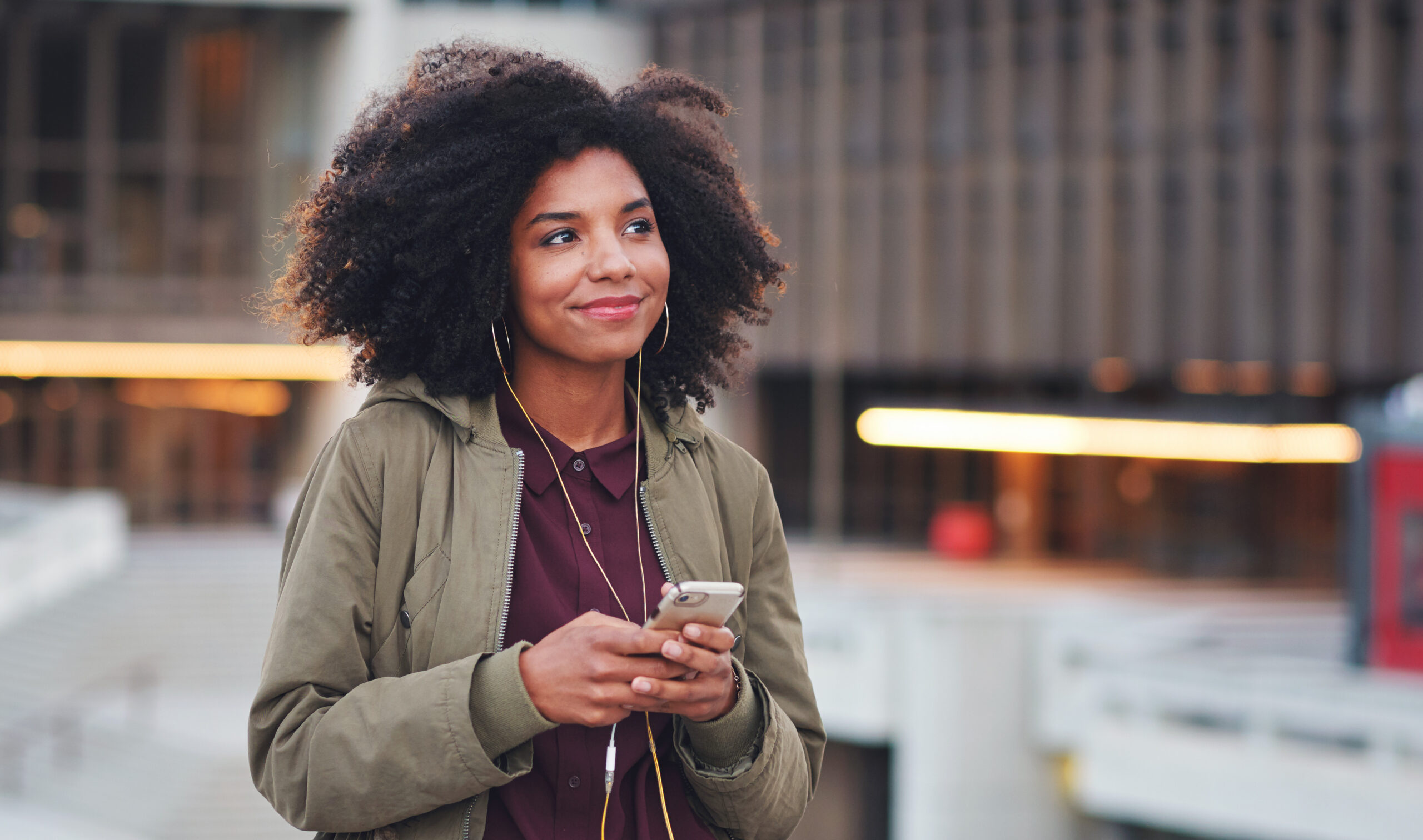 Woman listening to podcast